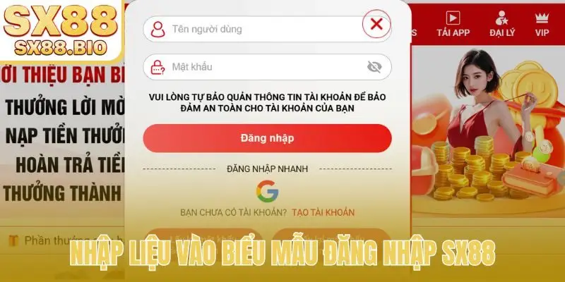 Nhập liệu vào biểu mẫu đăng nhập SX88
